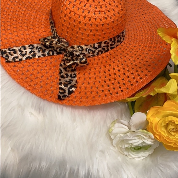 NEW! Orange Wide Brim Straw Sun Hat With Animal Print Bow - Picture 2 of 4